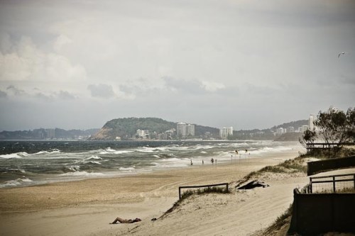 Broad Beach, Gold Coast. Looking south towards Coolangatta. Half of Coolangatta is in Queensland and the other half is in New South Wales.